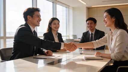 Smiling Asian business colleagues in formal suits and blouses shake hands across a conference table in a sunlit modern office.