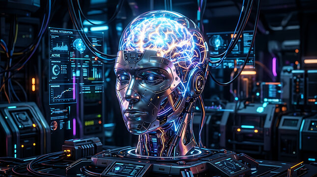 Futuristic robotic humanoid head with illuminated brain in a dark technological environment viewed from the front