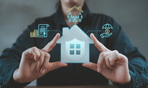 Home insurance property coverage risk management protection concept digital house safety plan support family security hand economy saving finance loan contract policy document money coin balance