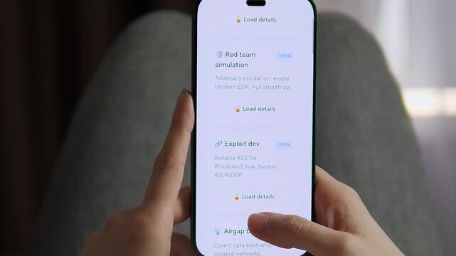 Smartphone screen displaying a list of advanced hacking services: zero-day harvest, airgap bridge, and password cracking. POV shot of a hacker using a specialized mobile tool. Great for news on cyber