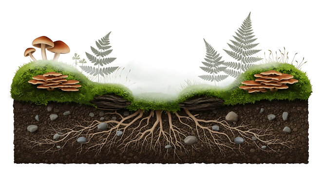 Forest floor cross-section illustration, revealing a hidden ecosystem with intricate roots, mossy logs, ferns, and fungi, symbolizing interconnected natural life and decay cycles