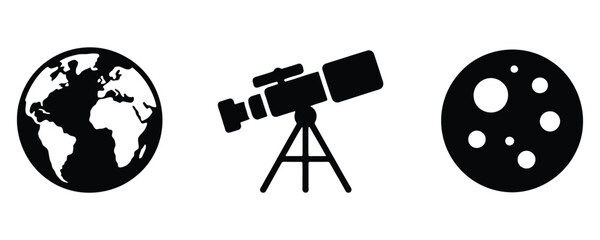 Planet earth telescope moon icon set space astronomy symbols © SHEIKH