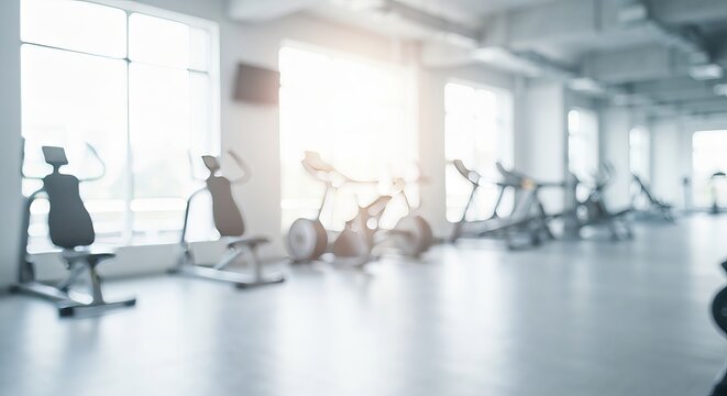 Daylit Gymnasium Interior with Soft Blur Effect Featuring Fitness Equipment and Exercise Area Design