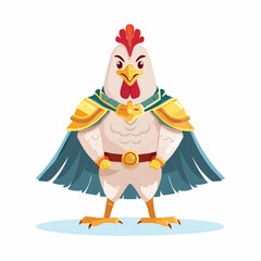 Fototapeta premium Confident Cartoon Rooster Warrior in Heroic Cape and Golden Armor Posing Boldly