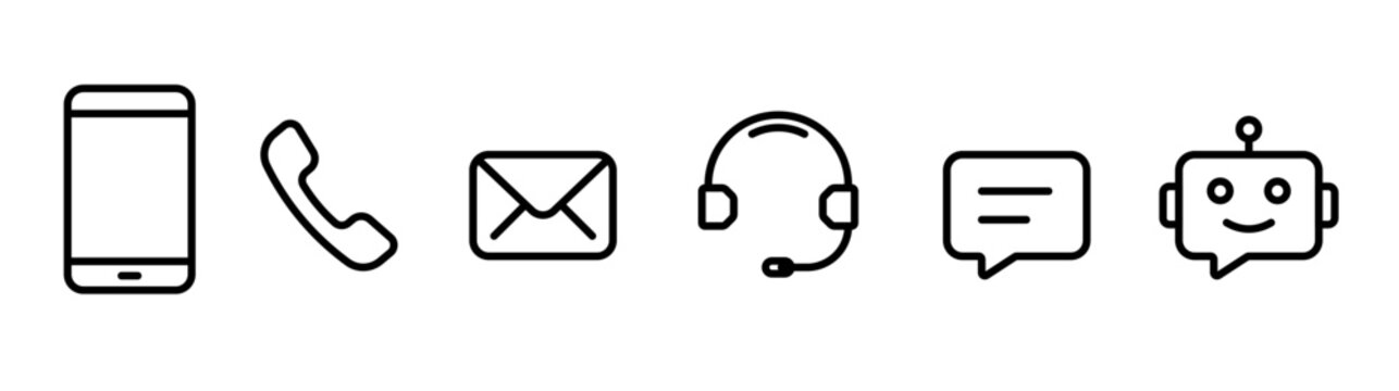 Contact and Customer Support icons Set, Digital Assistance Black Line Symbols For Phone, Live Chat, Email, Mobile and AI Chatbot Vector on White Background