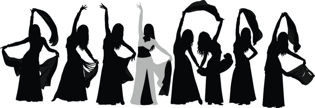 Elegant silhouettes of belly dancers performing traditional middle eastern dance with flowing veils for cultural festival and exotic entertainment themes