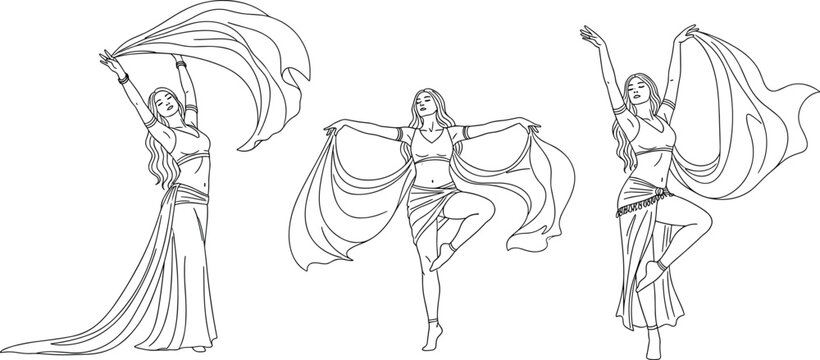 Graceful set of belly dancer line art illustrations performing traditional middle eastern dance with flowing veils for elegant cultural design.