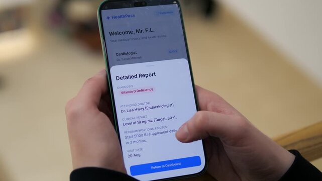 Hands scrolling through a medical app. Taps on doctor visit to see Vitamin D deficiency report. Ideal for digital health, telemedicine, and healthtech projects. Modern UI design for mobile app demos.