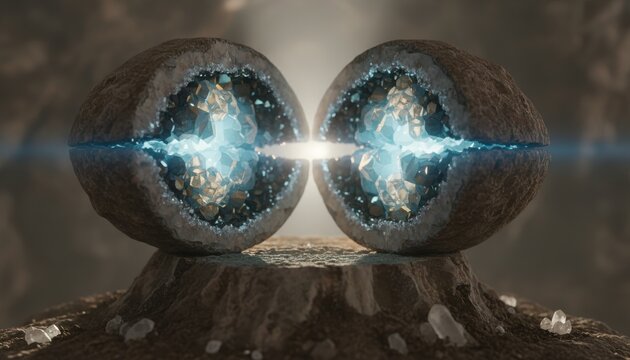 Two halves of a split geode revealing brilliant crystalline interiors with intense blue light emanating