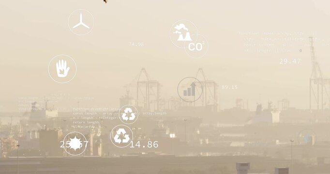 Translucent icons fading in over port skyline while data labels updating for pollution tracking