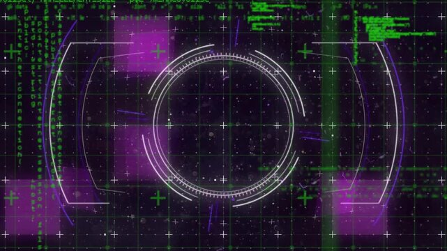 Opening dark grid HUD reticle showing rings flowing code sweeping scan glitching for startup demo