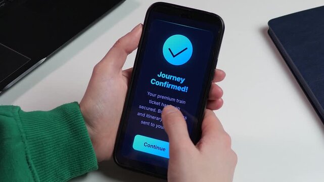 Booking a first-class trip via smartphone. Modern traveler selects premium amenities and secures a seat on a high-speed train through a dark-mode mobile interface. Ideal for tourism marketing