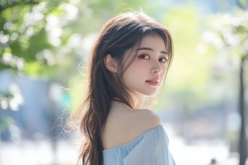 屋外で微笑む女性の横顔