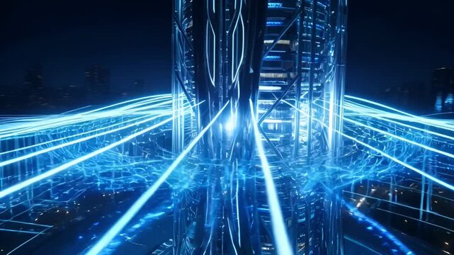 Abstract futuristic bridge structure with glowing blue lines and digital effect