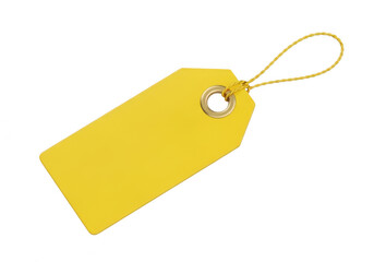 A bright yellow price tag with a string attached to it. isolated on transparent background