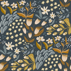Cotton fabric Hand drawn ditsy floral seamless pattern with mustard yellow tulips and cream daisies on charcoal grey background for textile and wallpaper botanical meadow illustration