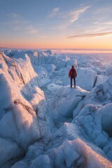 Winter season adventure exploration. A person in a red jacket and black pants standing atop a snowcovered mountain, gazing into the distance. The sky above is a mix of blue and white.