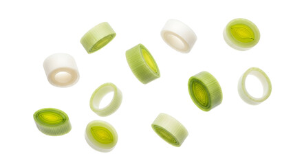 Fresh Sliced Leeks Floating On White Background