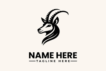 A stylized black goat logo illustration with a flowing mane and curved horns on a beige background, accompanied by a 'NAME HERE' text placeholder and 'TAGLINE HERE' in a simple, modern © vectorvovdesign
