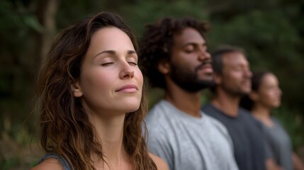 Fototapeta premium Group of diverse people meditating peacefully outdoors in a natural green setting embodying mindfulness and serenity