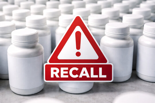 red recall warning sign with exclamation mark dominates foreground among rows of plain white unlabeled medicine bottles symbolizing pharmaceutical safety quality and recall alert
