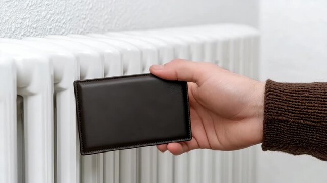 A hand places a wallet on a radiator for warmth during the winter. The action shows a practical way to prepare for colder days