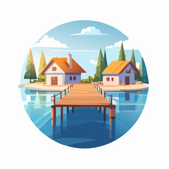 Fototapeta premium Charming Waterside Cottages Connected by a Wooden Pier Under a Sunny Sky
