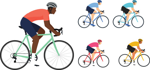 Fototapeta premium Professional Road Cyclist Vector Illustration Set Male Athletes Riding Racing Bicycles in Sportswear and Helmets for Fitness Competition and Triathlon