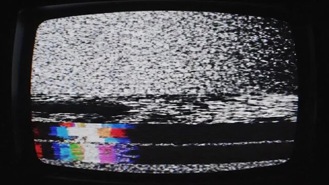 Retro television screen displaying static and color bars