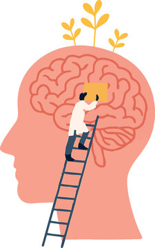 A stylized illustration depicts a large, pink profile of a human head. Within the brain, represented by intricate pink folds, a tiny figure dressed in a white lab coat and blue pants climbs a ladder.