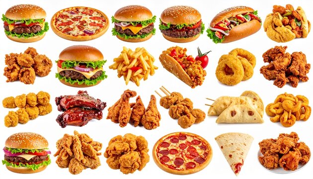 Fast food set and collection menu isolated on white background. cheeseburger, pizza, sandwich, wings, fries, taco, dumpling, skewers, nuggets, bbq ribs, fried chicken