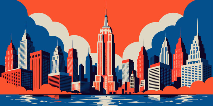 USA, US, U.S, United States - Empire State Building art deco sunset skyline, ultra-wide vector poster
