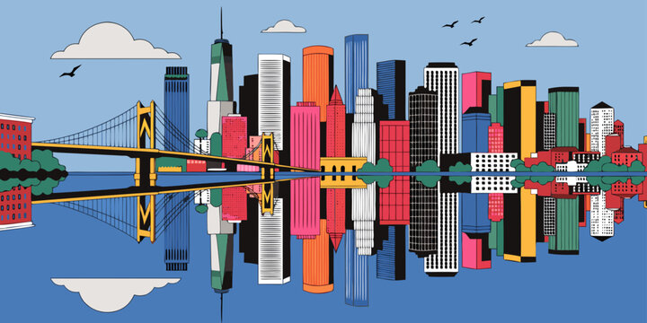USA, US, U.S, United States - Hudson River reflection skyline panorama, flat vector illustration
