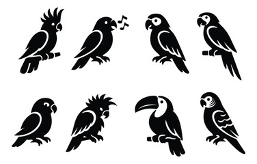 Fototapeta premium Stylized graphic tropical bird set featuring various parrots and a toucan for wildlife themes