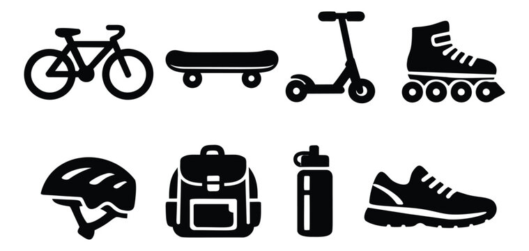 Simple icon set featuring various sports equipment and accessories for an active lifestyle