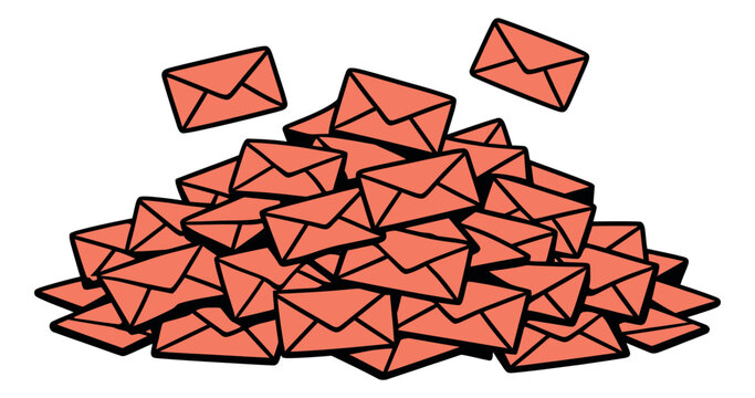 Hand drawn line art illustration of envelopes depicting a huge pile of mail for communication overload concepts
