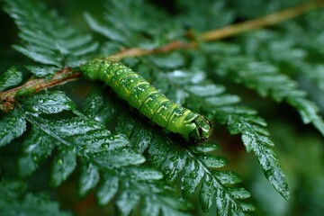 Obraz premium Close up green caterpillar on wet fern leaf