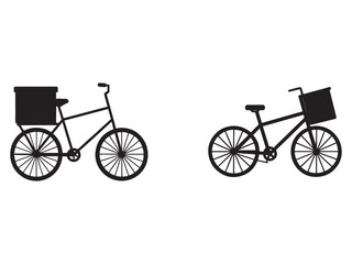 Two black bicycle silhouettes with baskets on the back wheel  side view  isolated on white background
