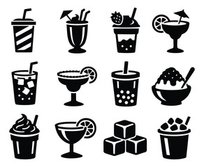 Flat icon beverage set featuring various cocktails, sodas, and frozen treats for summer and refreshment concepts