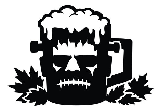 Graphic illustration of a frankenstein monster beer mug depicting a frothy beverage surrounded by autumn leaves for halloween celebrations