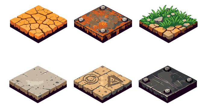 Isometric textured ground tiles set featuring diverse terrain types for game environment design