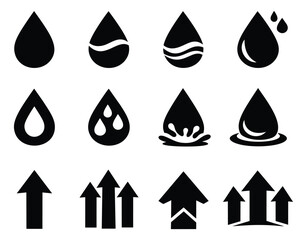Glyph icon set featuring water drops and upward arrows for digital design