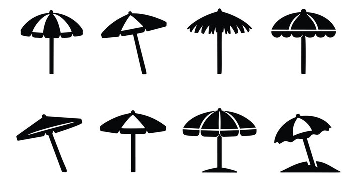 Simple parasol icon set featuring various beach umbrella designs for summer vacation