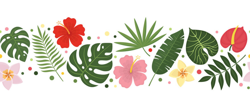 Horizontal pattern of cute tropical flowers and leaves. Seamless border with exotic plants