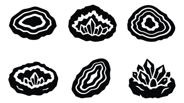 Abstract line art geode and crystal set featuring various rock slices and crystal formations for design projects