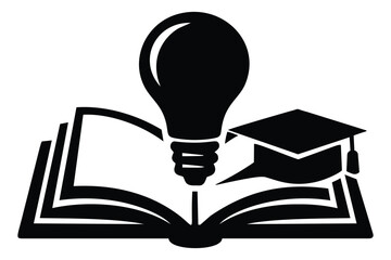 Graphic illustration of an open book, lightbulb, and graduation cap depicting the connection between learning and ideas for education and knowledge