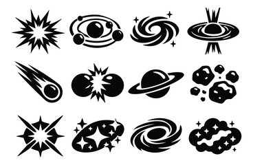 Obraz premium Modern cosmic elements set featuring planets, galaxies, stars, and asteroids for scientific illustrations