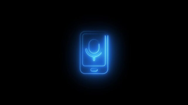 Glowing blue smartphone with microphone on black background for tech and communication concepts