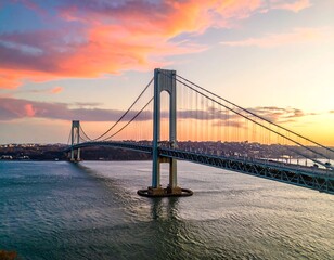 Obraz premium A majestic bridge spans a body of water at sunset