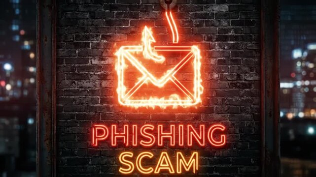 Neon sign of envelope with fishing hook and phishing scam text on brick wall. Cybercrime concept for data security.